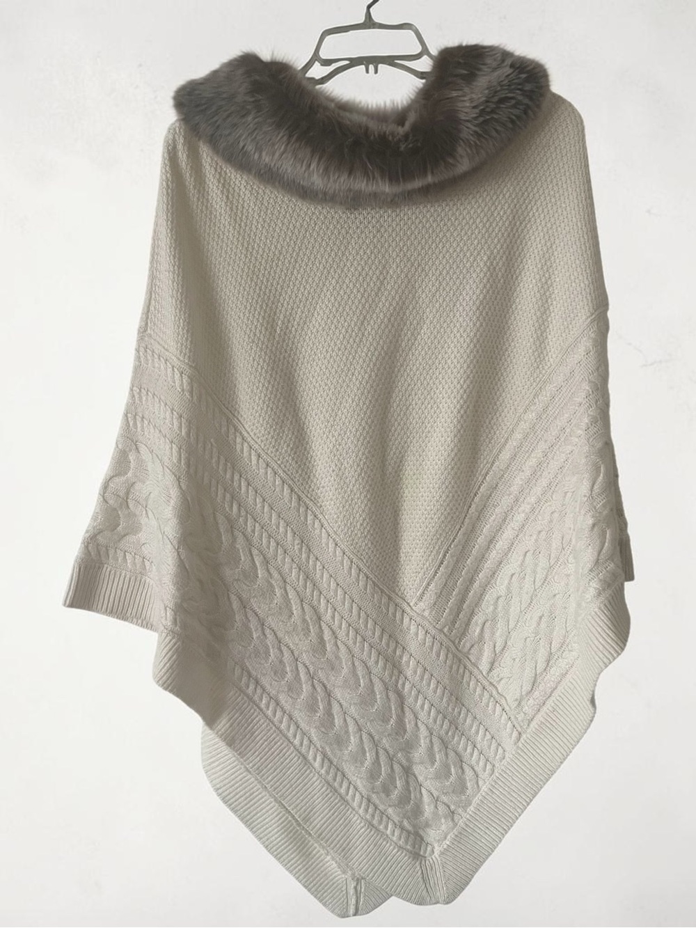 Talbots Cream Cable-Knit Poncho with Faux Fur Trim